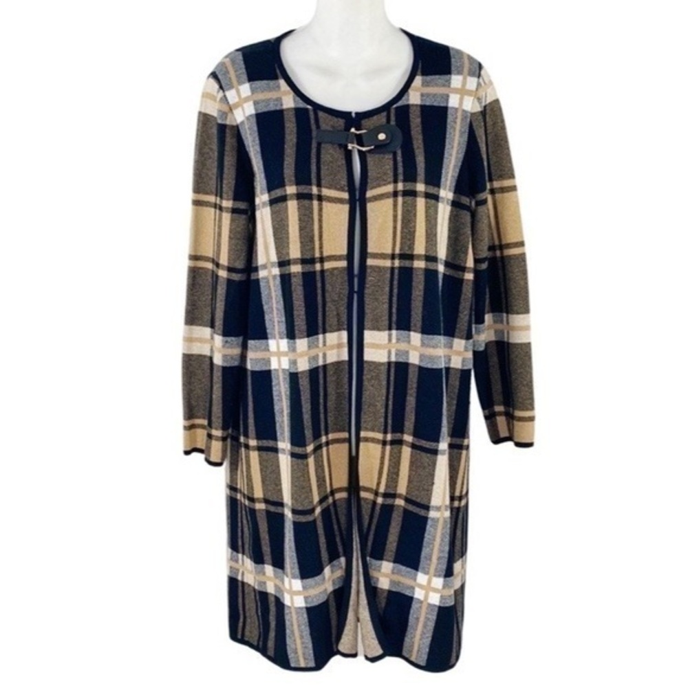 Anne Klein tan black white plaid knit topper cape jacket Medium M